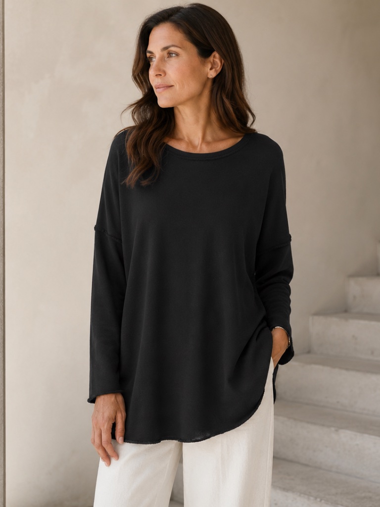 Eileen Fisher Black Organic Cotton Tunic Sweatshirt Medium Oversized Raw Hem